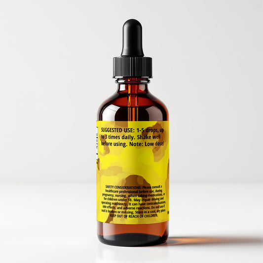 Arnica (Arnica cordifolia) herbal tincture bottle, back label panel view, suggested use and safety considerations, CORDIFOLIA brand.
