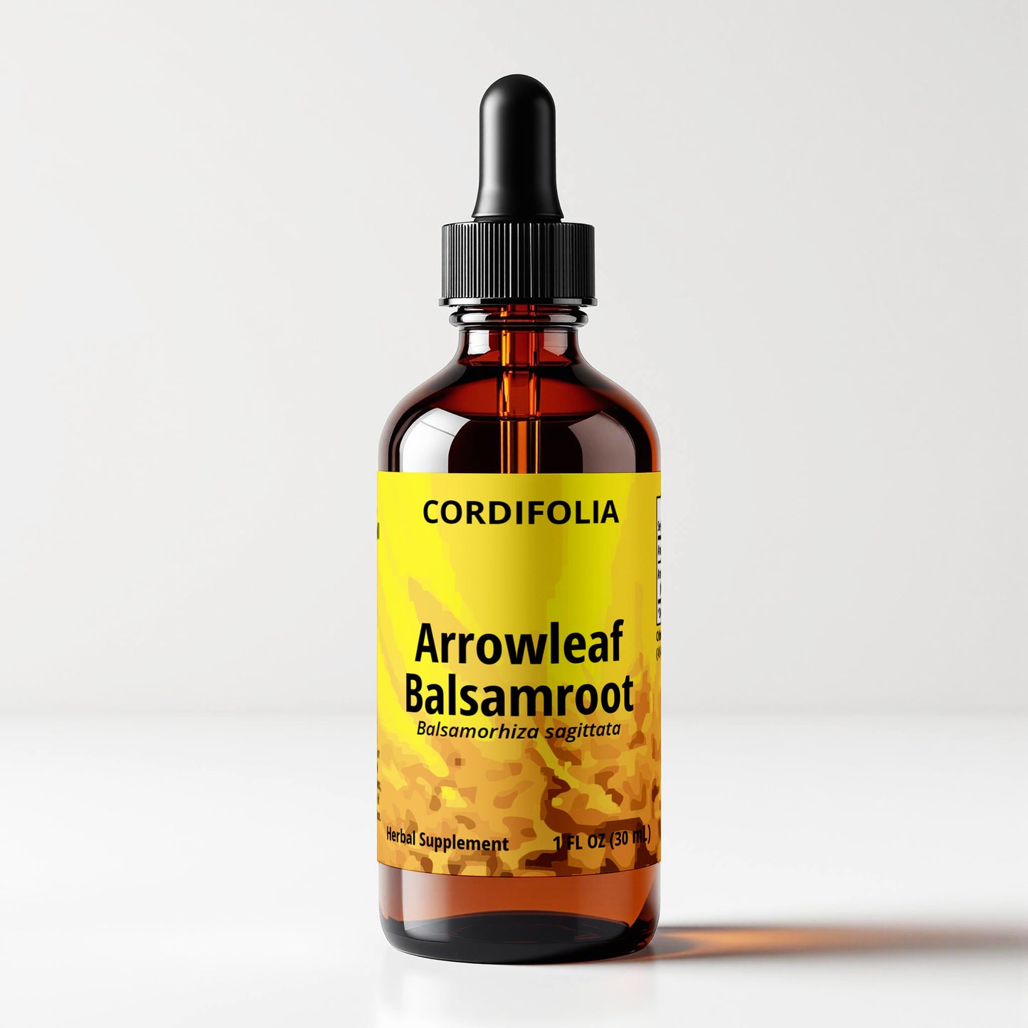 Arrowleaf Balsamroot (Balsamorhiza sagittata) herbal tincture bottle, front label panel view, yellow abstract macrophotography art, CORDIFOLIA brand.