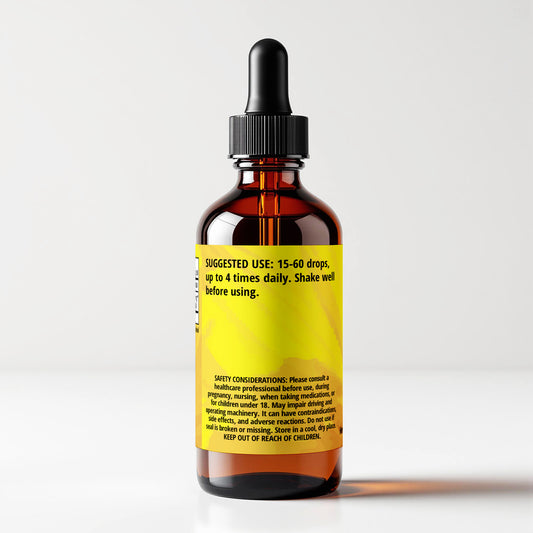 Arrowleaf Balsamroot (Balsamorhiza sagittata) herbal tincture bottle, back label panel view, suggested use and safety considerations, CORDIFOLIA brand.