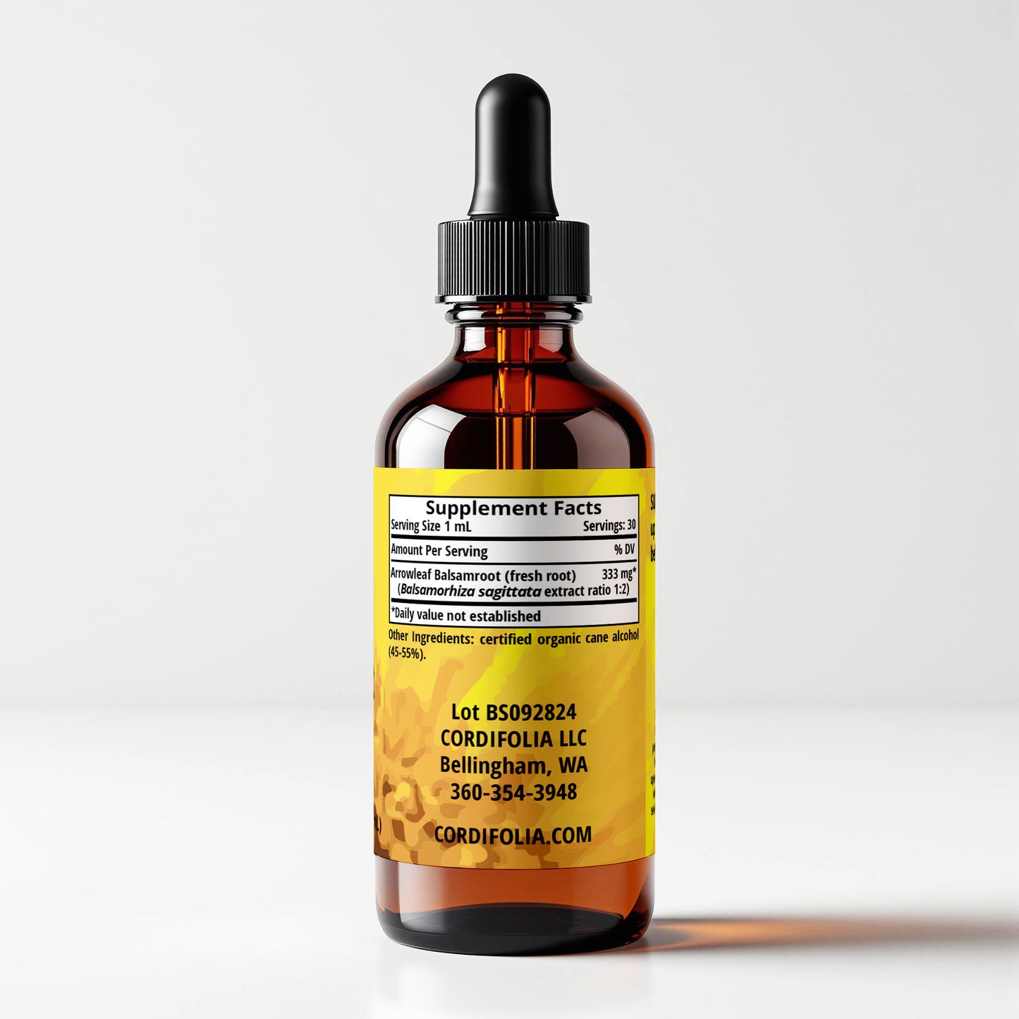 Arrowleaf Balsamroot (Balsamorhiza sagittata) herbal tincture bottle, side label panel view, supplement facts and ingredients list, CORDIFOLIA brand.