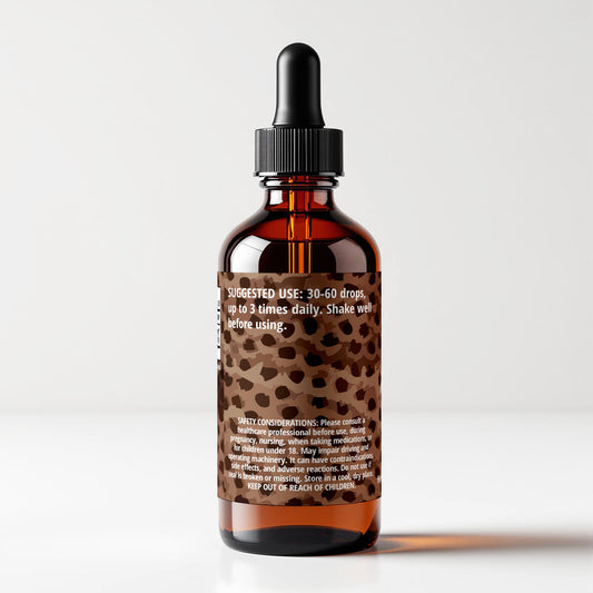 Artist's Conk (Ganoderma applanatum) herbal tincture bottle, back label panel view, suggested use and safety considerations, CORDIFOLIA brand.