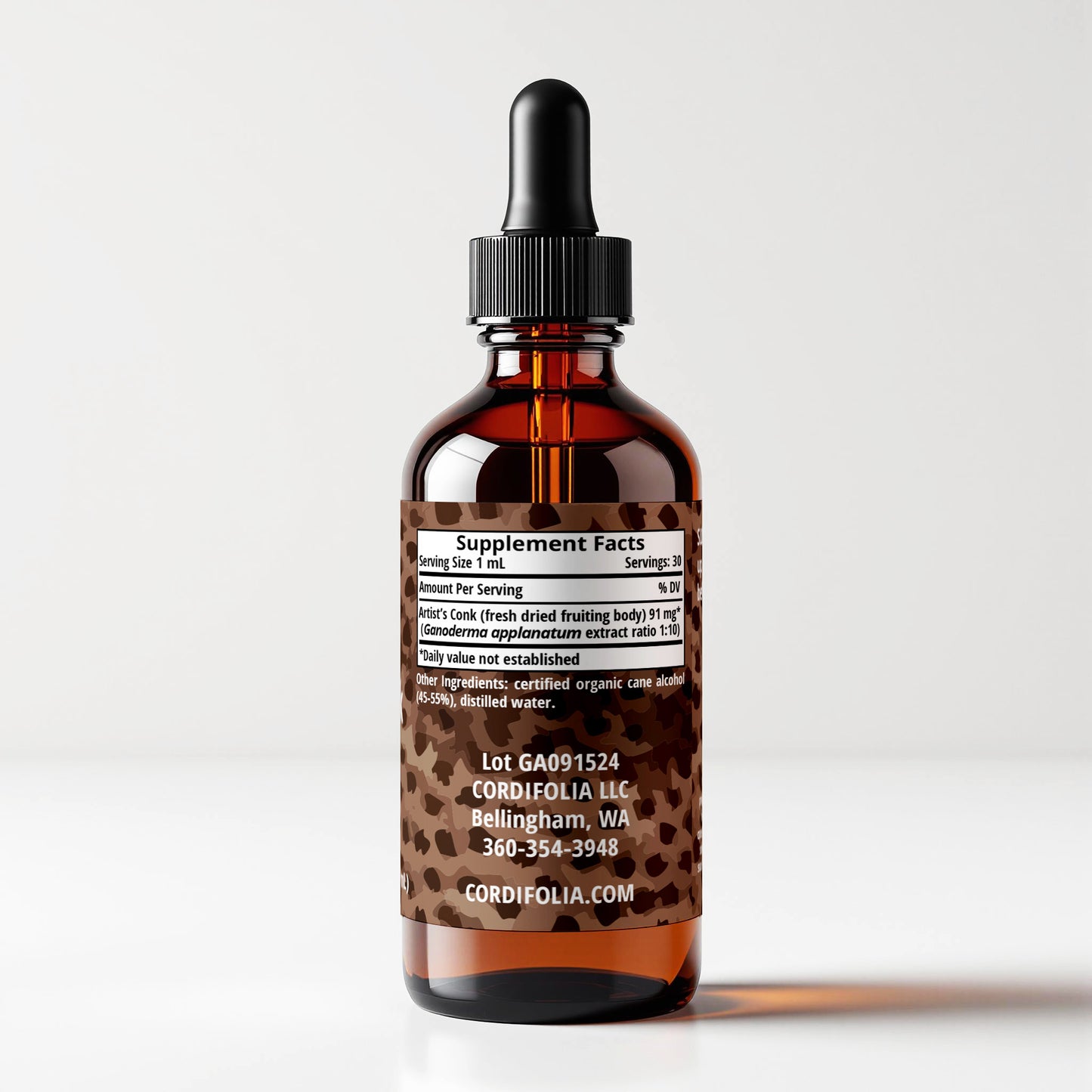 Artist's Conk (Ganoderma applanatum) herbal tincture bottle, side label panel view, supplement facts and ingredients list, CORDIFOLIA brand.