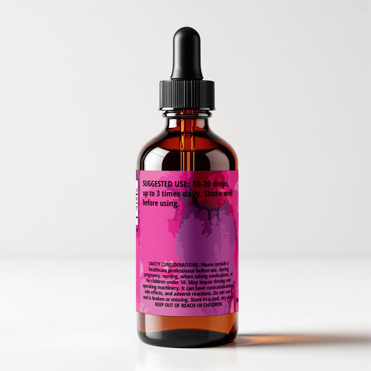 Bleeding Heart tincture bottle 1 FL OZ, Dicentra formosa, back panel label view, suggested use and safety considerations. Cordifolia brand.