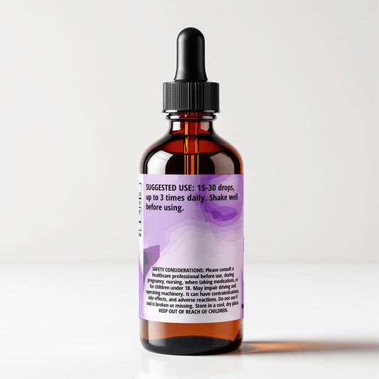 Blue Vervain (Verbena hastata) herbal tincture bottle, 1 FL OZ, side label panel view, suggested use and safety considerations. Cordifolia brand.