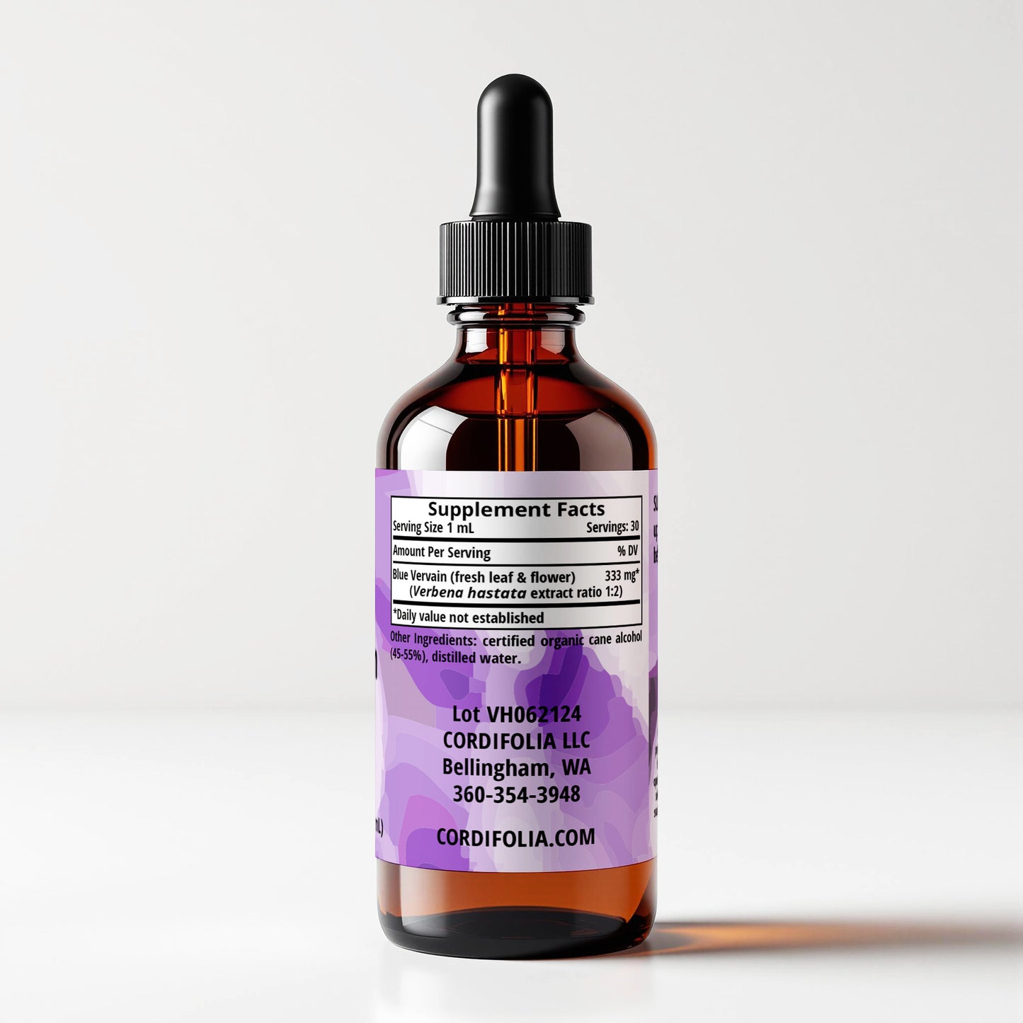 Blue vervain tincture bottle, 1 FL OZ, side label panel view, supplement facts and ingredients list.