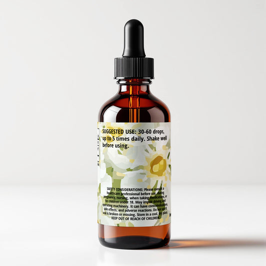 Chokecherry (Prunus virginiana) herbal tincture bottle, back label panel view, suggested use and safety considerations, CORDIFOLIA brand.