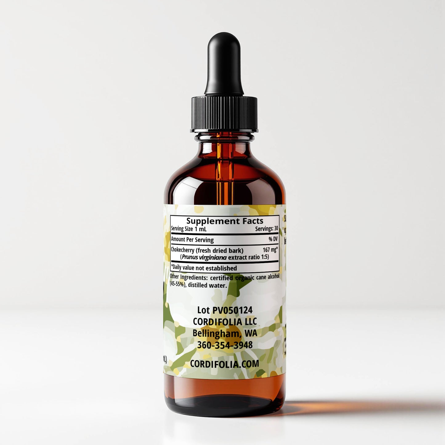 Chokecherry (Prunus virginiana) herbal tincture bottle, side label panel view, supplement facts and ingredients list, CORDIFOLIA brand.