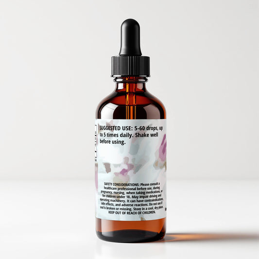 Coltsfoot (Petasites frigidus) herbal tincture bottle, back label panel view, suggested use and safety considerations, CORDIFOLIA brand.