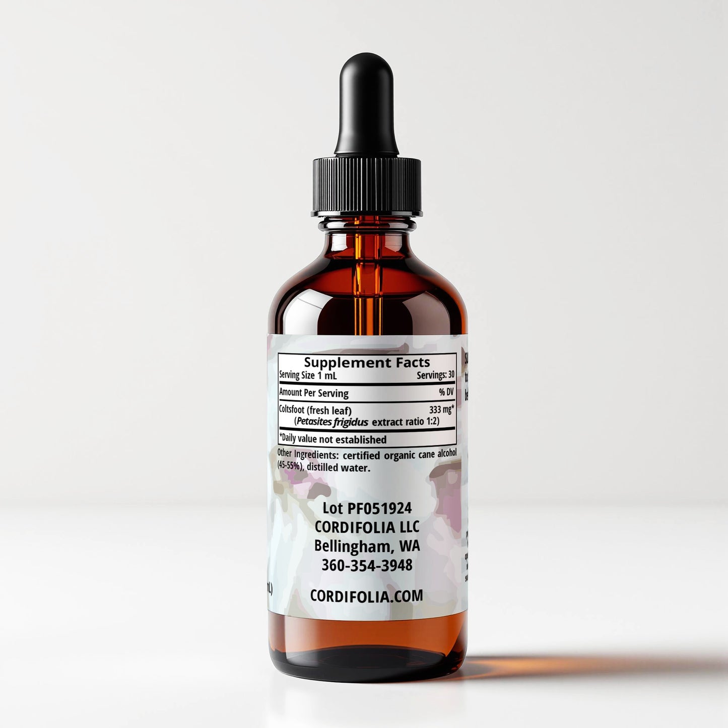 Coltsfoot (Petasites frigidus) herbal tincture bottle, side label panel view, supplement facts and ingredients list, CORDIFOLIA brand.