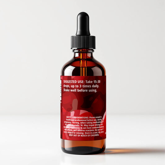 Devil's Club tincture bottle 1 FL OZ, suggested use and safety considerations, label back view. Cordifolia brand.