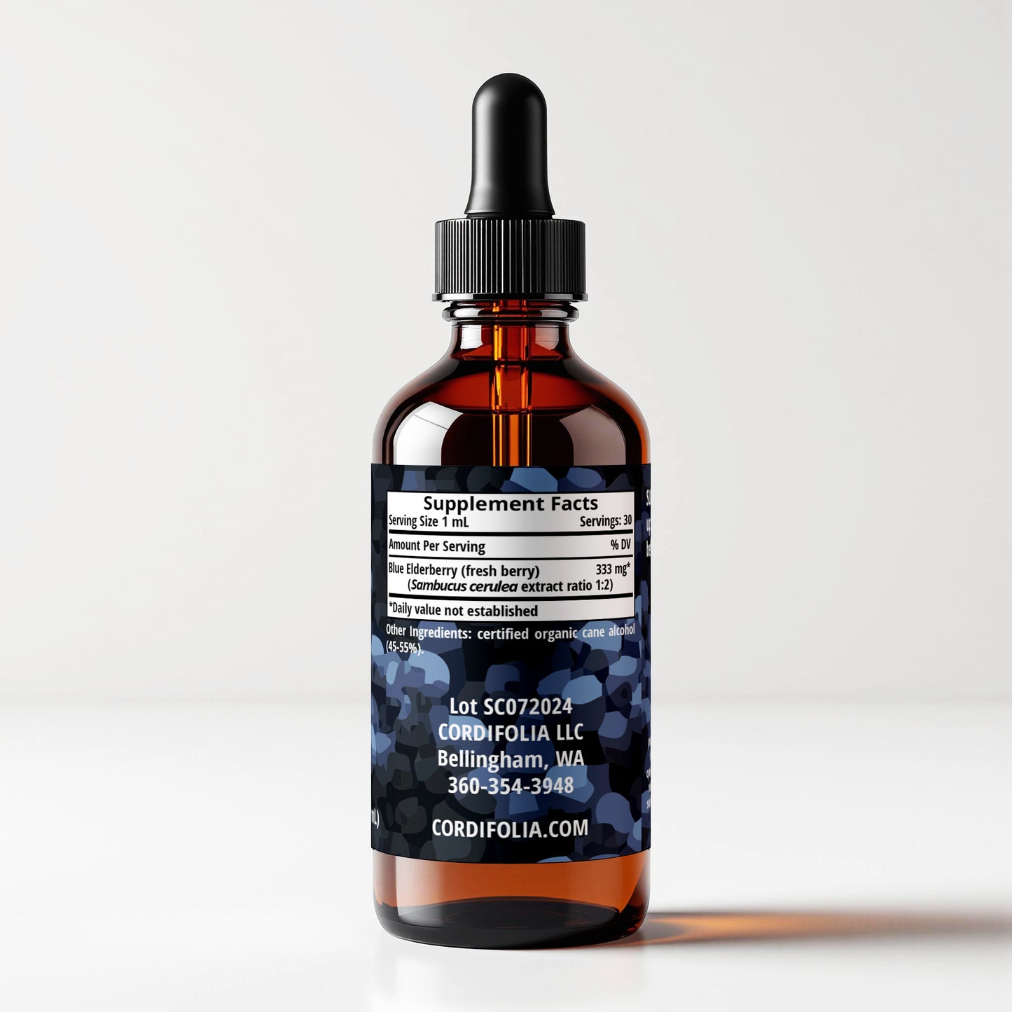 Elderberry (Sambucus cerulea) herbal tincture bottle, side label panel view, supplement facts and ingredients list, CORDIFOLIA brand.
