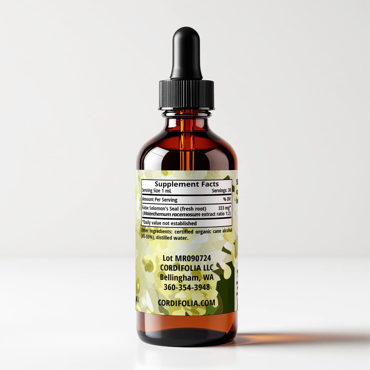 False Solomon's Seal (Maianthemum racemosum) herbal tincture bottle, side label panel view, supplement facts and ingredients list, CORDIFOLIA brand.