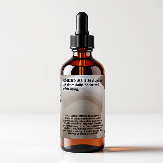 Ghost Pipe tincture bottle 1 FL OZ, Monotropa uniflora, back panel label view, suggested use and safety considerations. Cordifolia brand.