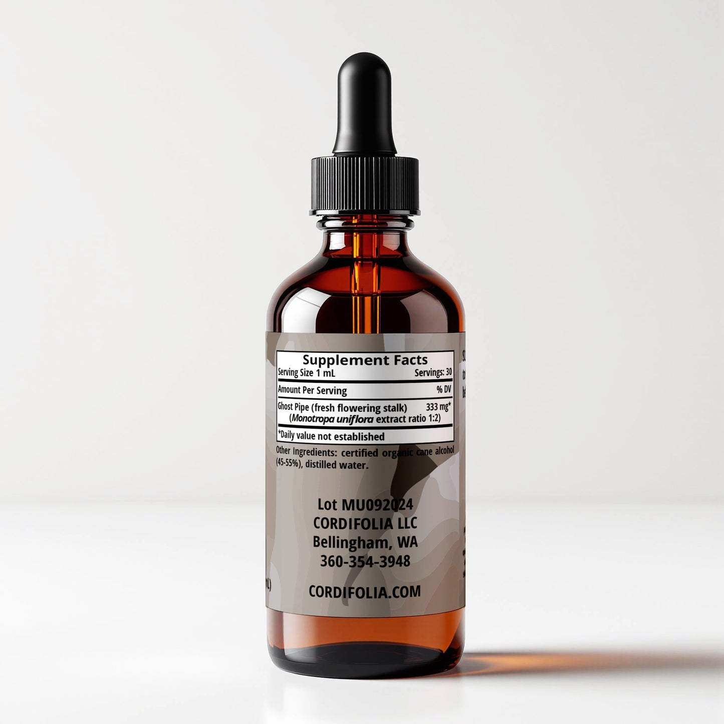 Ghost Pipe tincture bottle 1 FL OZ, Monotropa uniflora, side panel label view, supplement facts and ingredients list. Cordifolia brand.