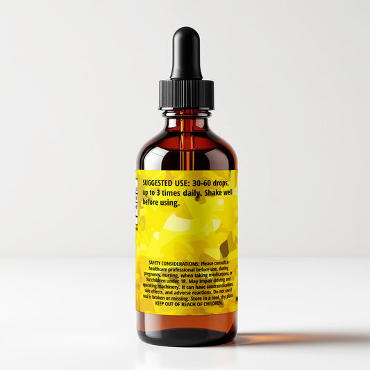 Goldenrod (Solidago canadensis) herbal tincture bottle, back label panel view, suggested use and safety considerations, CORDIFOLIA brand.