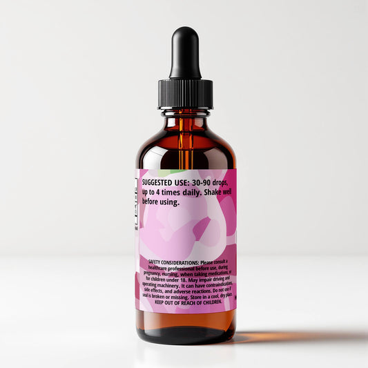 Hedgenettle (Stachys chamissonis var. cooleyae) herbal tincture bottle, 1 FL OZ, back label panel view, suggested use and safety considerations. Cordifolia brand.