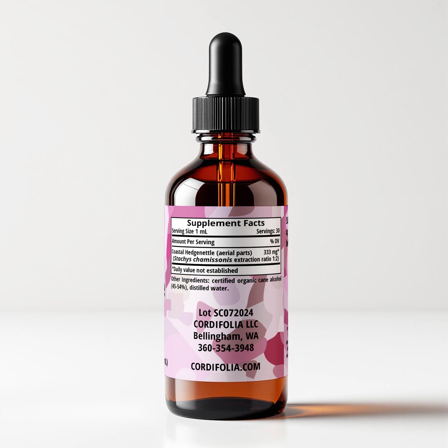 Hedgenettle (Stachys chamissonis var. cooleyae) herbal tincture bottle, 1 FL OZ, side label panel view, supplement facts and ingredients list. Cordifolia brand.