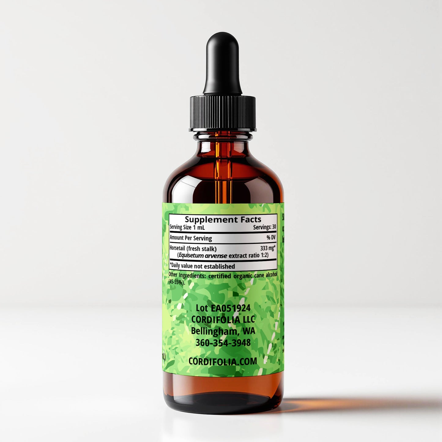 Horsetail (Equisetum arvense) herbal tincture bottle, side label panel view, supplement facts and ingredients list, CORDIFOLIA brand.