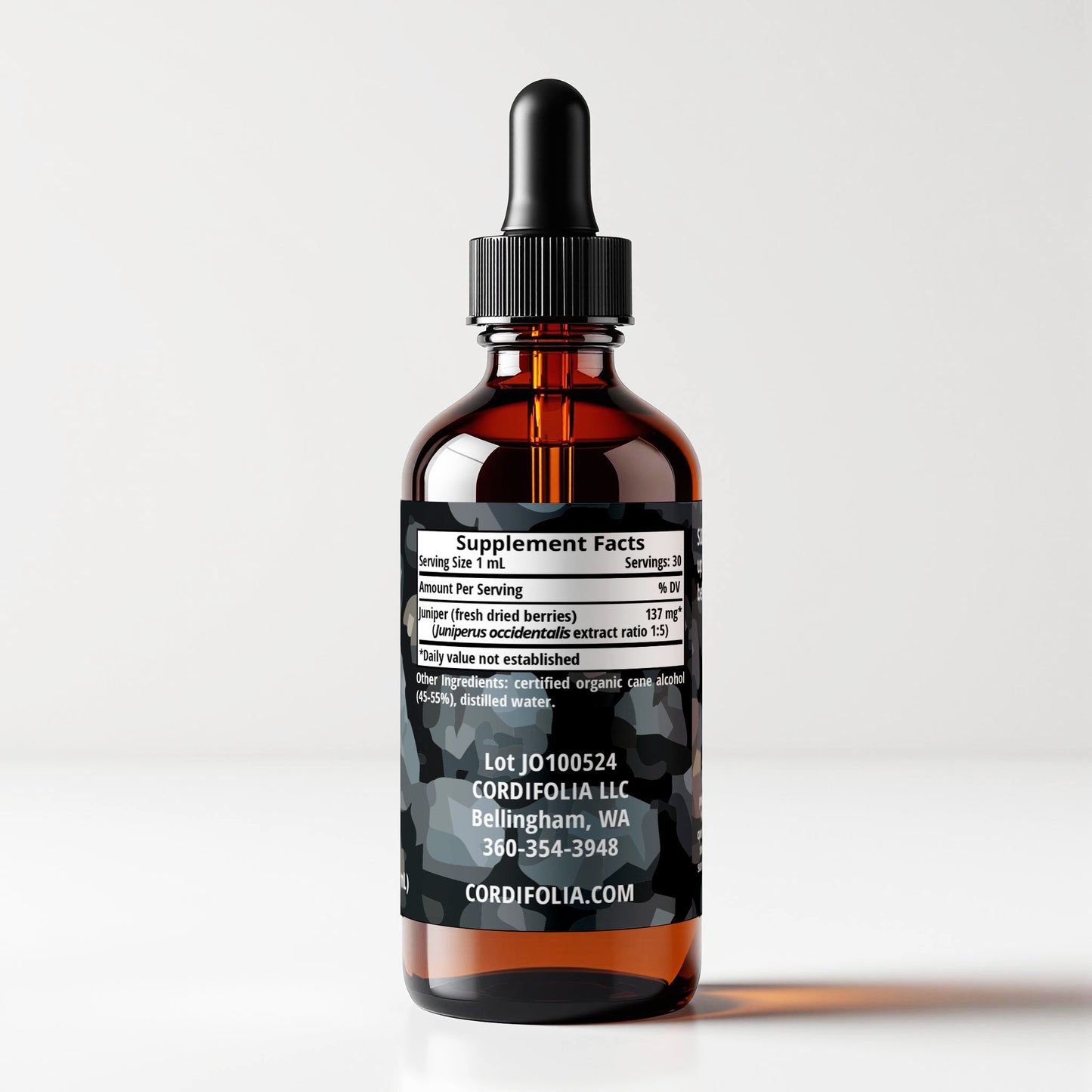 Juniper (Juniperus occidentalis) herbal tincture bottle, side label panel view, supplement facts and ingredients list, CORDIFOLIA brand.