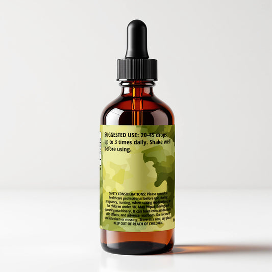 Mugwort tincture bottle 1 FL OZ, Artemisia douglasiana, back panel label view, suggested use and safety considerations. Cordifolia brand.