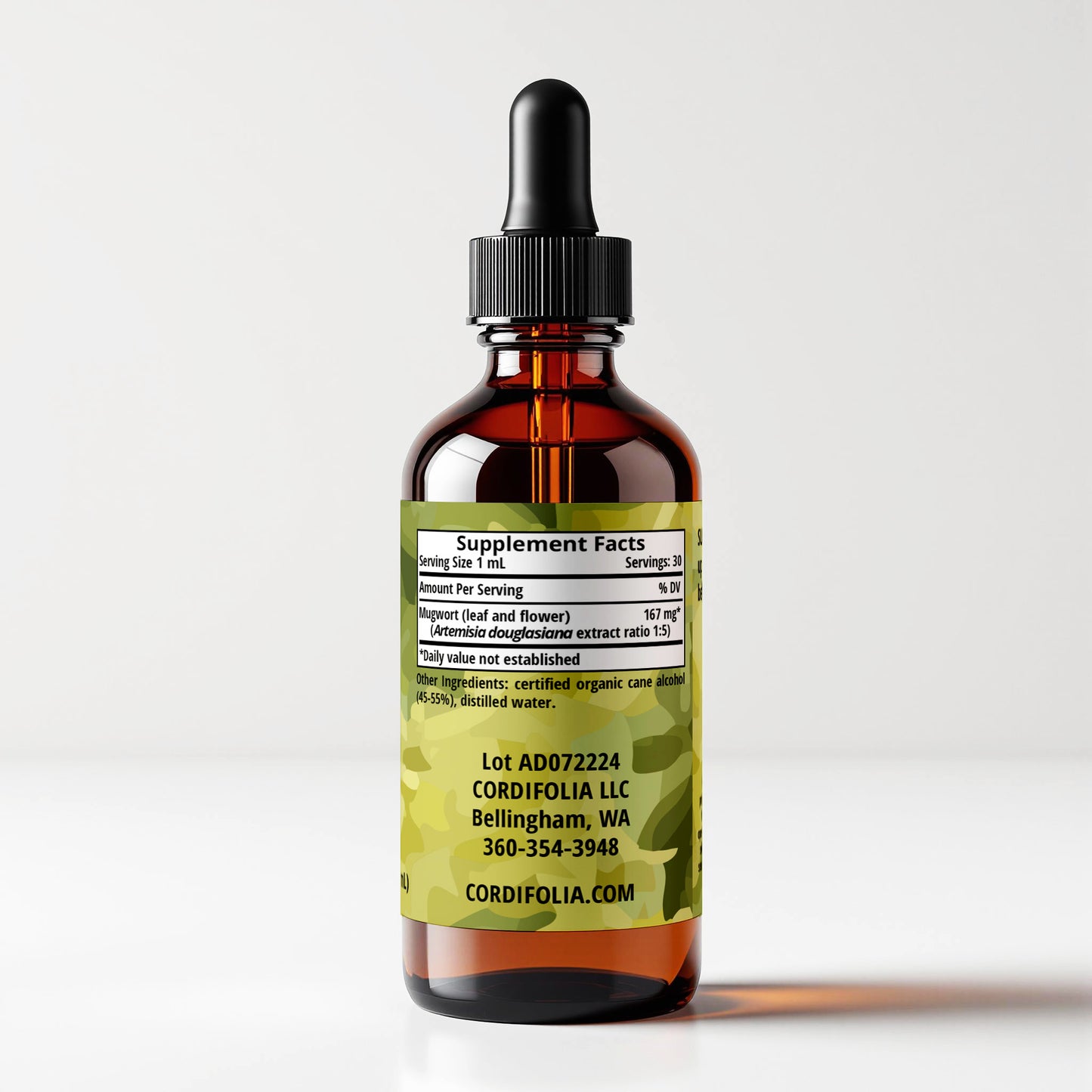 Mugwort tincture bottle 1 FL OZ, Artemisia douglasiana, side panel label view, supplement facts and ingredients list. Cordifolia brand.