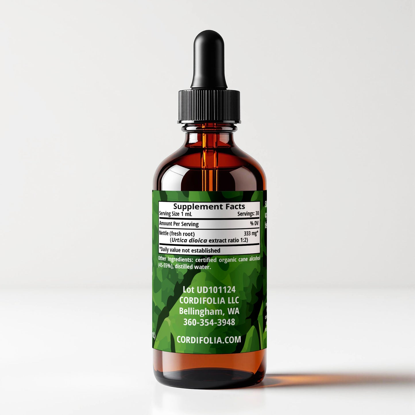 Nettle Root (Urtica dioica) herbal tincture bottle, side label panel view, supplement facts and ingredients list, CORDIFOLIA brand.