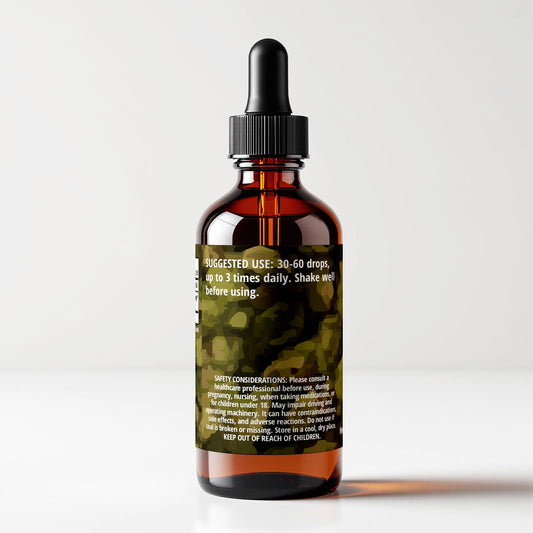Nettle Seed (Urtica dioica) herbal tincture bottle, back label panel view, suggested use and safety considerations, CORDIFOLIA brand.