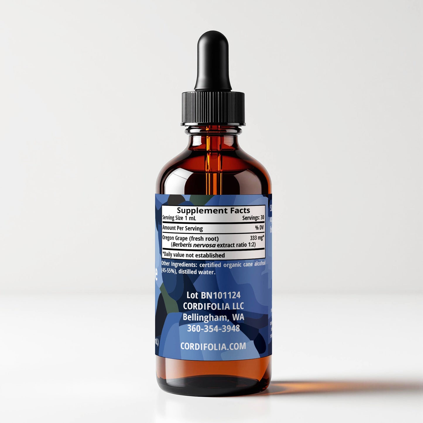 Oregon Grape (Berberis nervosa) herbal tincture bottle, side label panel view, supplement facts and ingredients list, CORDIFOLIA brand.