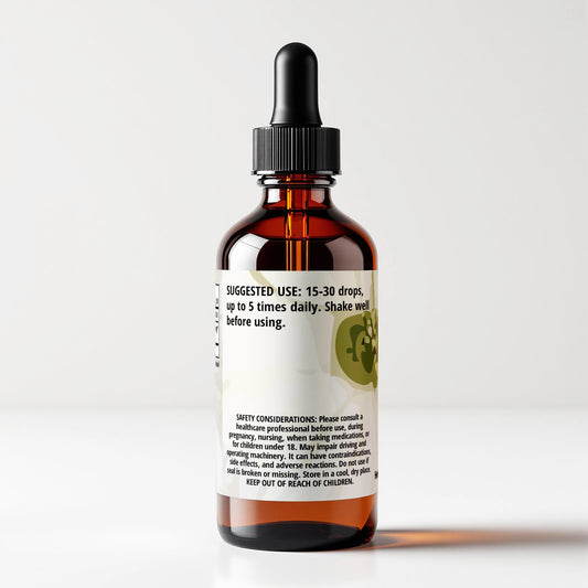 Pacific Dogwood (Cornus nuttallii) herbal tincture bottle, tincture bottle 1 FL OZ, side label panel view, suggested use and safety considerations. Cordifolia brand.