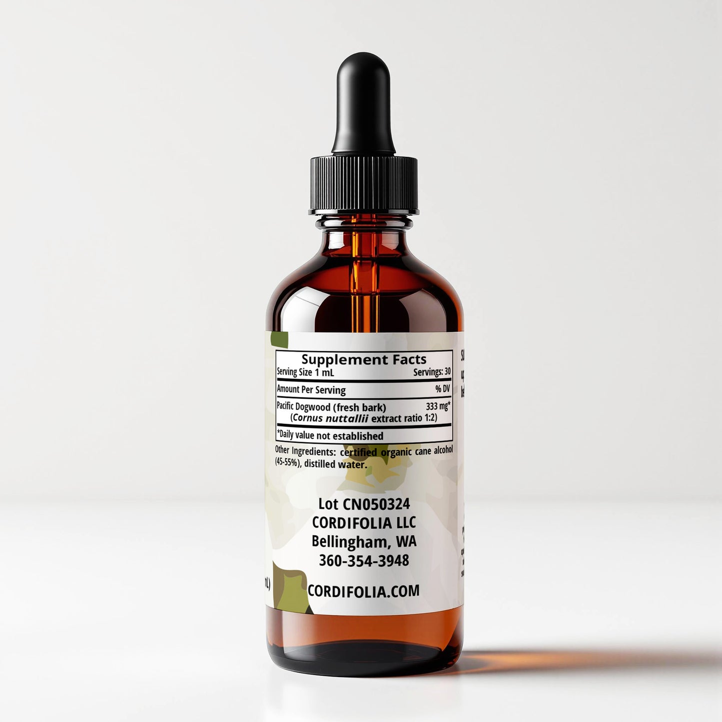 Pacific Dogwood (Cornus nuttallii) herbal tincture bottle, tincture bottle 1 FL OZ, side label panel view, supplement facts and ingredients list. Cordifolia brand.