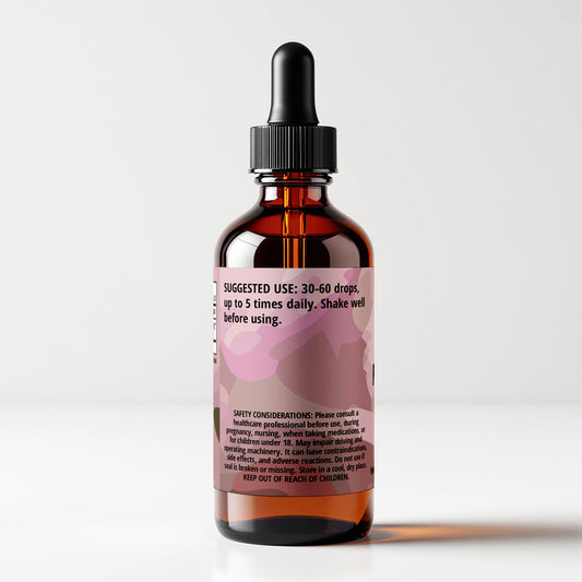 Parrot's beak tincture bottle, Pedicularis racemosa, 1 FL OZ, back panel label view, suggested use and safety considerations. Cordifolia brand.
