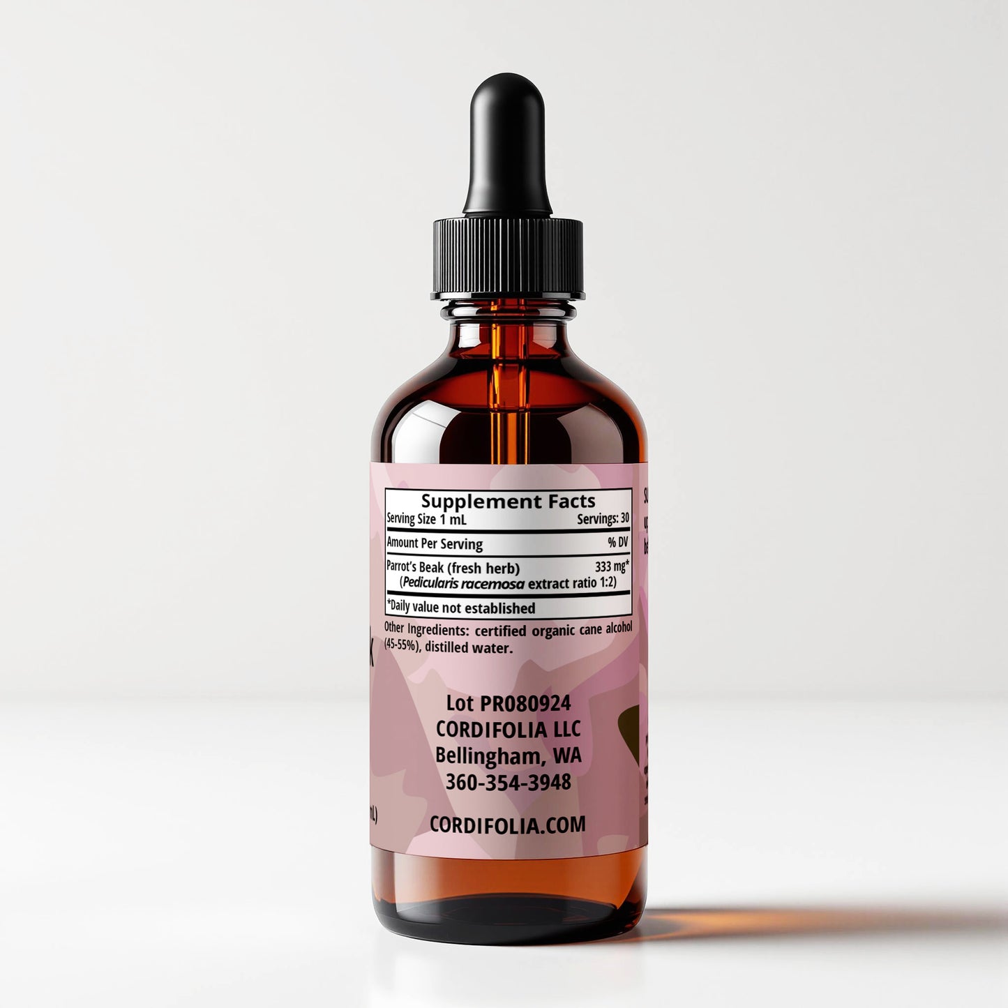 Parrot's beak tincture bottle, Pedicularis racemosa, 1 FL OZ, side panel label view, supplement facts and ingredients label. Cordifolia brand.