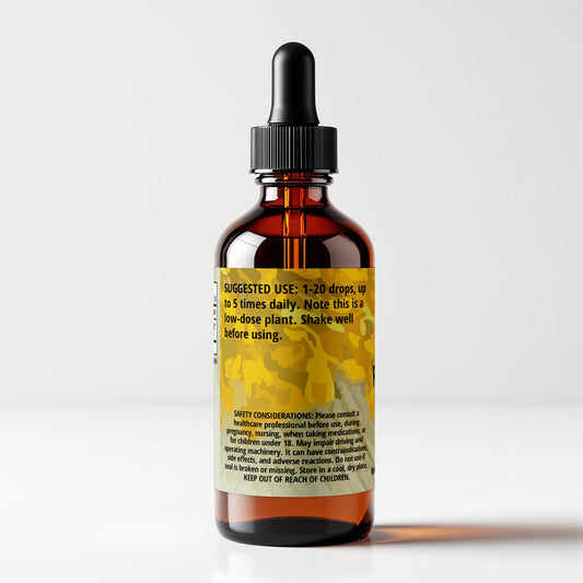 Western Pasqueflower, Pulsatilla occidentalis, tincture bottle, 1 FL OZ, back panel label view, suggested use and safety considerations, Cordifolia brand.