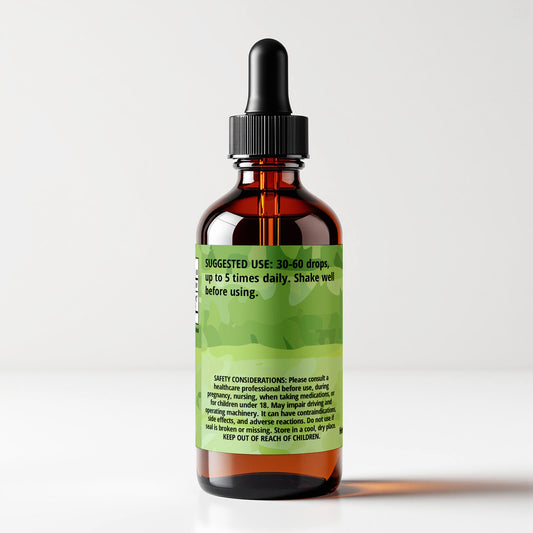 Narrow-leaved Plantain (Plantago lanceolata) herbal tincture bottle, back label panel view, suggested use and safety considerations, CORDIFOLIA brand.