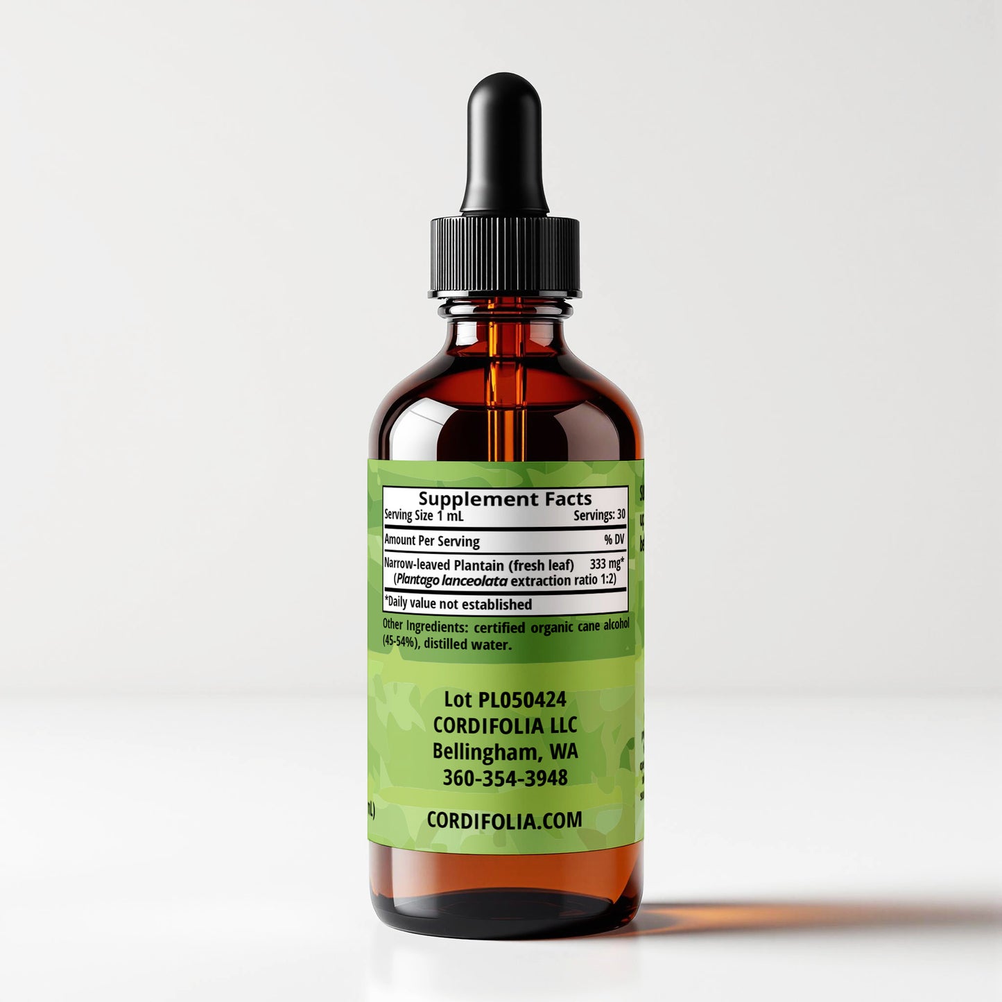 Narrow-leaved Plantain (Plantago lanceolata) herbal tincture bottle, side label panel view, supplement facts and ingredients list, CORDIFOLIA brand.
