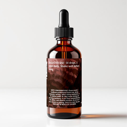 Ponderosa Pine pollen tincture bottle 1 FL OZ, Pinus ponderosa, back panel label view, suggested use and safety considerations. Cordifolia brand.