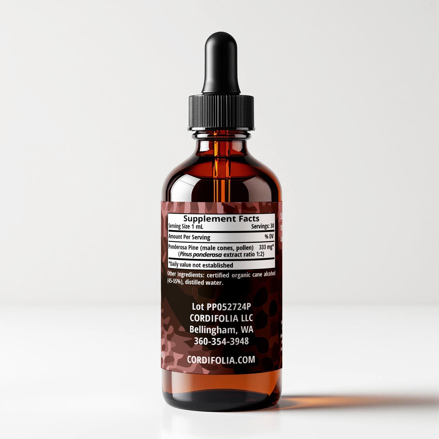 Ponderosa Pine pollen tincture bottle 1 FL OZ, Pinus ponderosa, side panel label view, supplement facts and ingredients list. Cordifolia brand.
