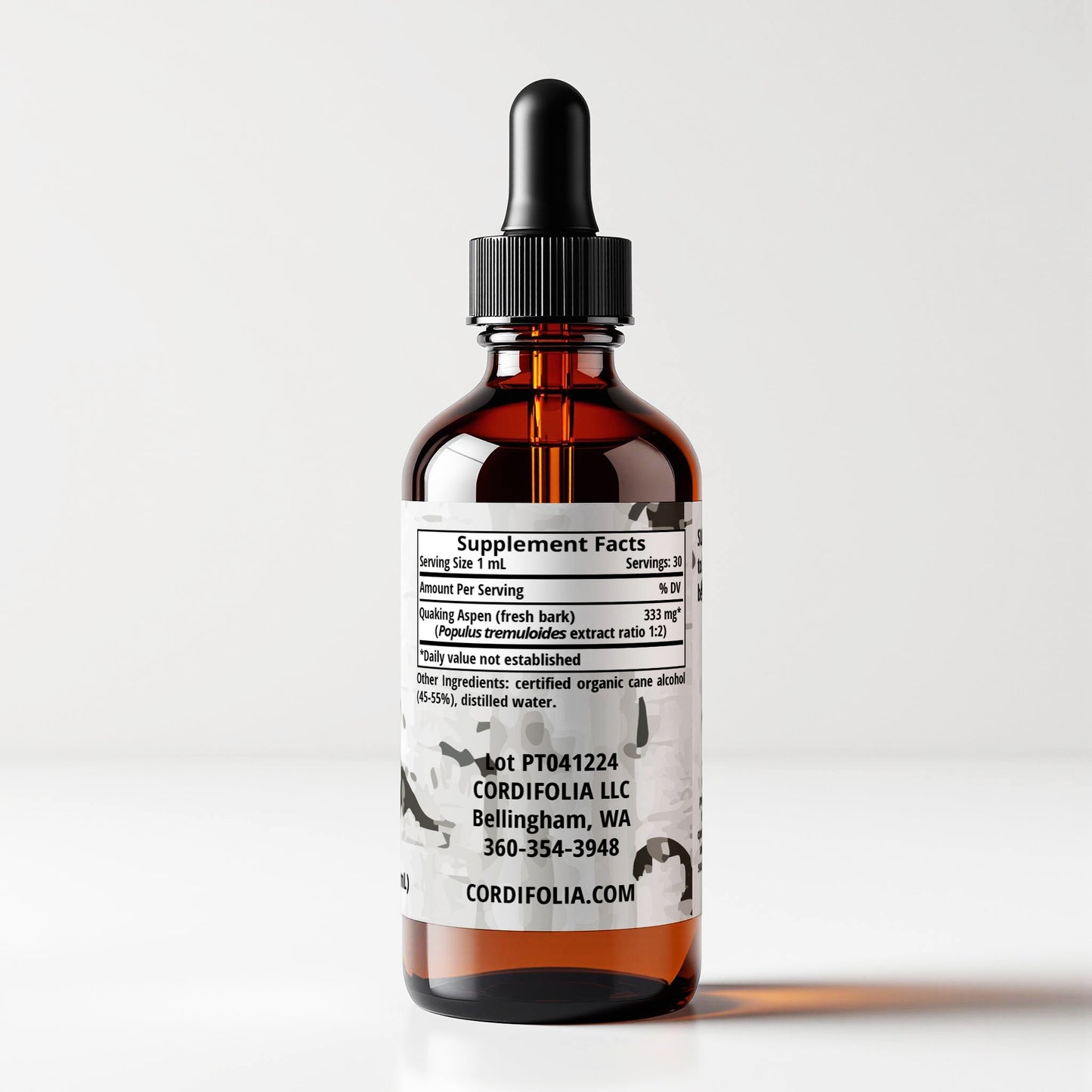 Quaking Aspen (Populus tremuloides) herbal tincture bottle, side label panel view, supplement facts and ingredients list, CORDIFOLIA brand.