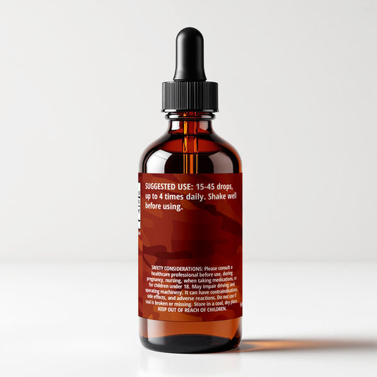 Red Alder (Alnus rubra) herbal tincture bottle, back label panel view, suggested use and safety considerations, CORDIFOLIA brand.