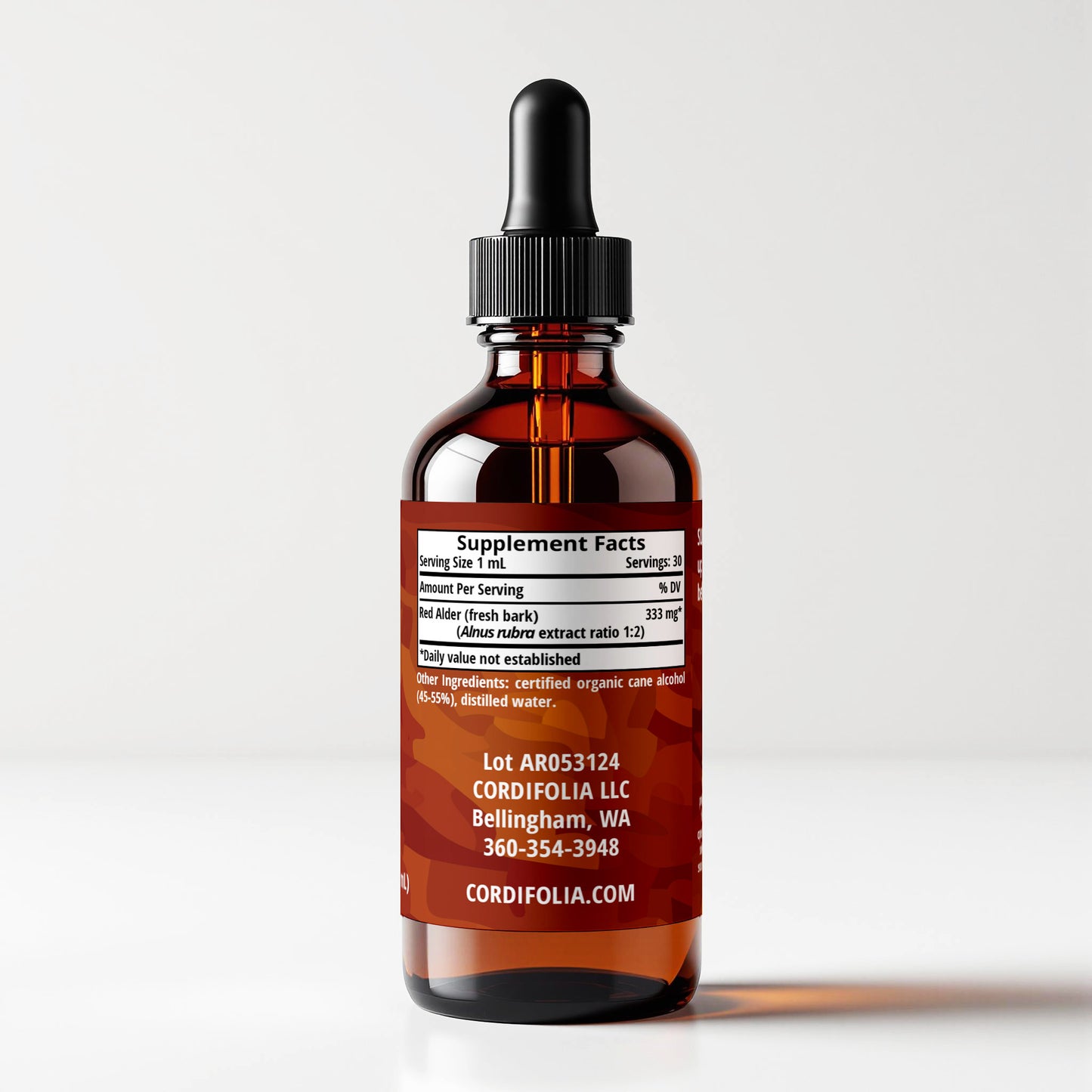 Red Alder (Alnus rubra) herbal tincture bottle, side label panel view, supplement facts and ingredients list, CORDIFOLIA brand.