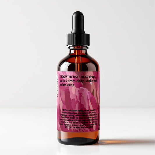 Red Clover (Trifolium pratense) herbal tincture bottle, back label panel view, suggested use and safety considerations, CORDIFOLIA brand.