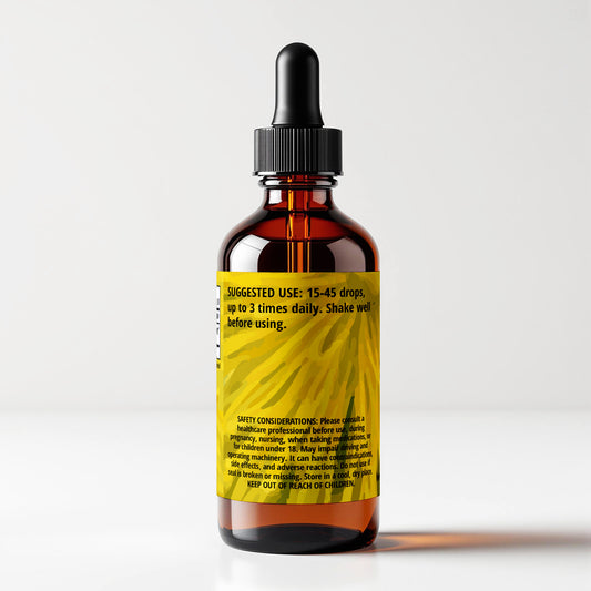 Saint John's Wort tincture bottle 1 FL OZ, back label panel view, suggested use and safety considerations. Cordifolia brand.