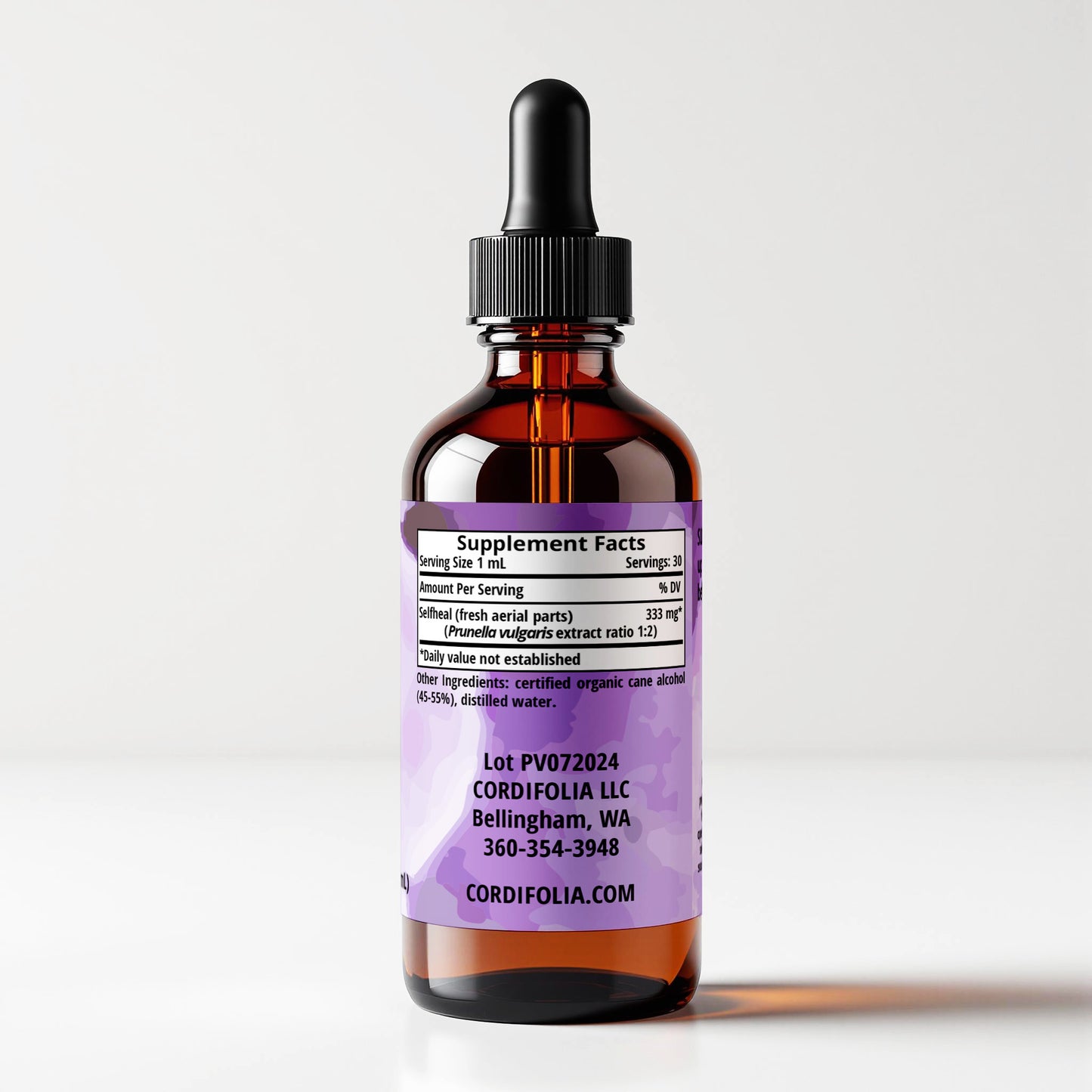 Selfheal (Prunella vulgaris) herbal tincture bottle, side label panel view, supplement facts and ingredients list, CORDIFOLIA brand.