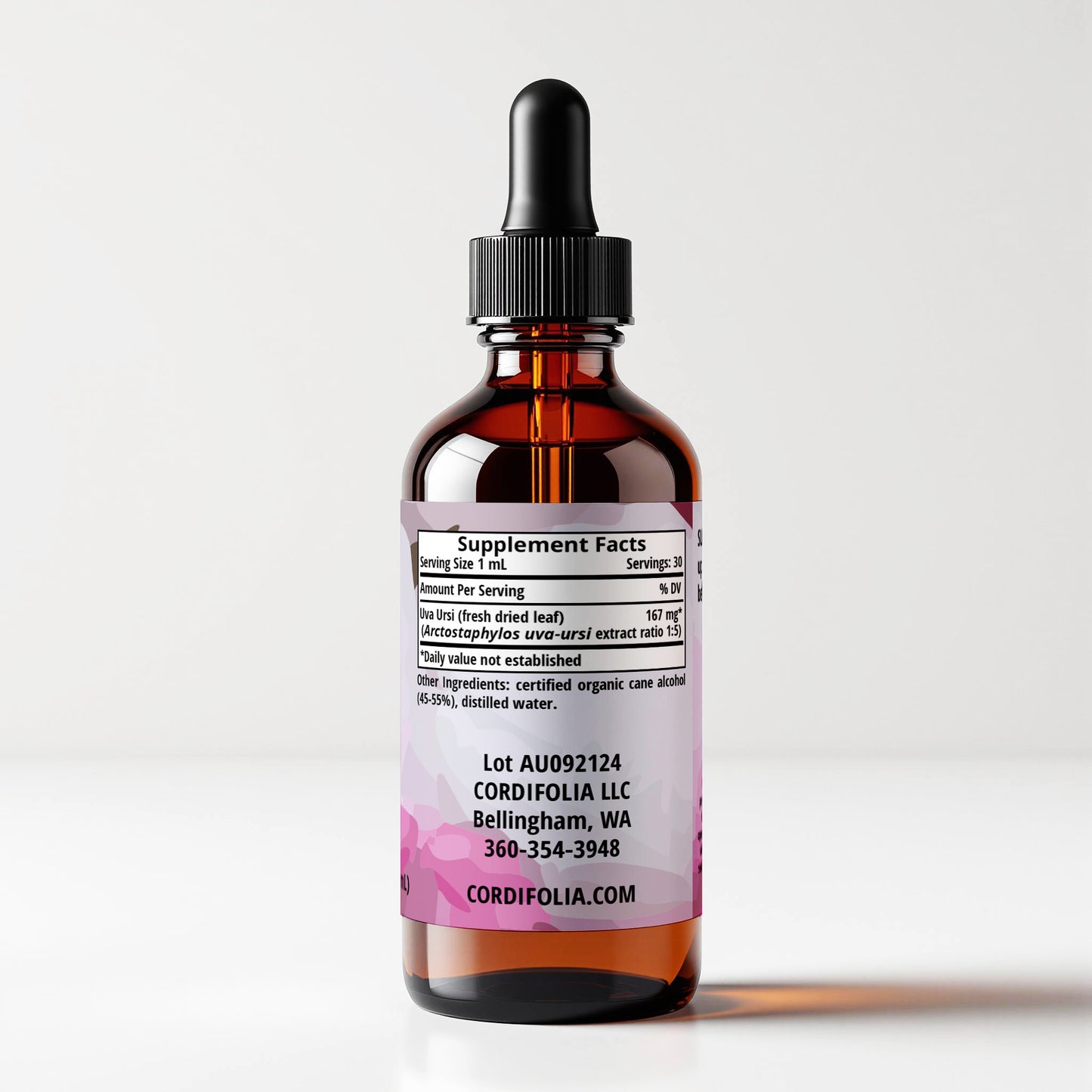 Uva Ursi (Arctostaphylos uva-ursi) herbal tincture bottle, side label panel view, supplement facts and ingredients list, CORDIFOLIA brand.