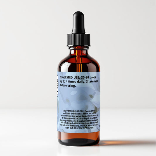 Valerian tincture bottle 1 FL OZ, back view label, suggested use, safety considerations. Cordifolia brand.