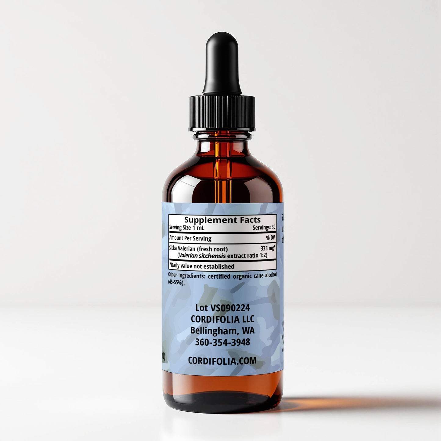 Valerian tincture bottle 1 FL OZ, side label panel, supplement facts, ingredients list. Cordifolia brand.