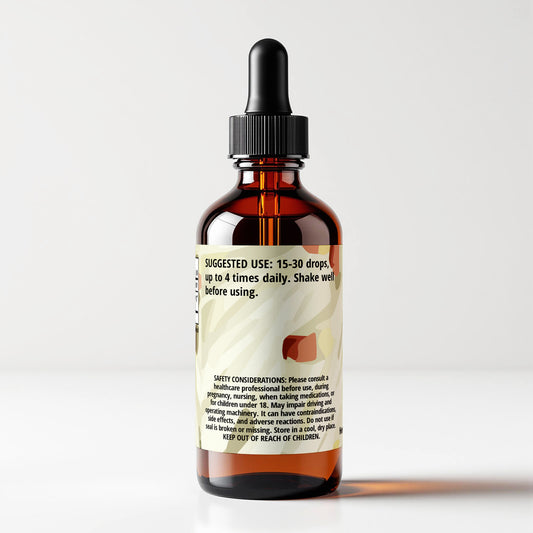 Willow (Salix scouleriana) herbal tincture bottle, back label panel view, suggested use and safety considerations, CORDIFOLIA brand.