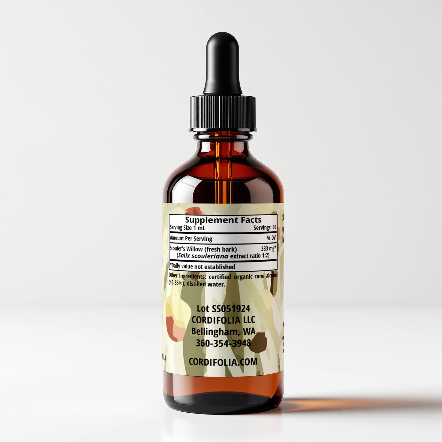 Willow (Salix scouleriana) herbal tincture bottle, side label panel view, supplement facts and ingredients list, CORDIFOLIA brand.