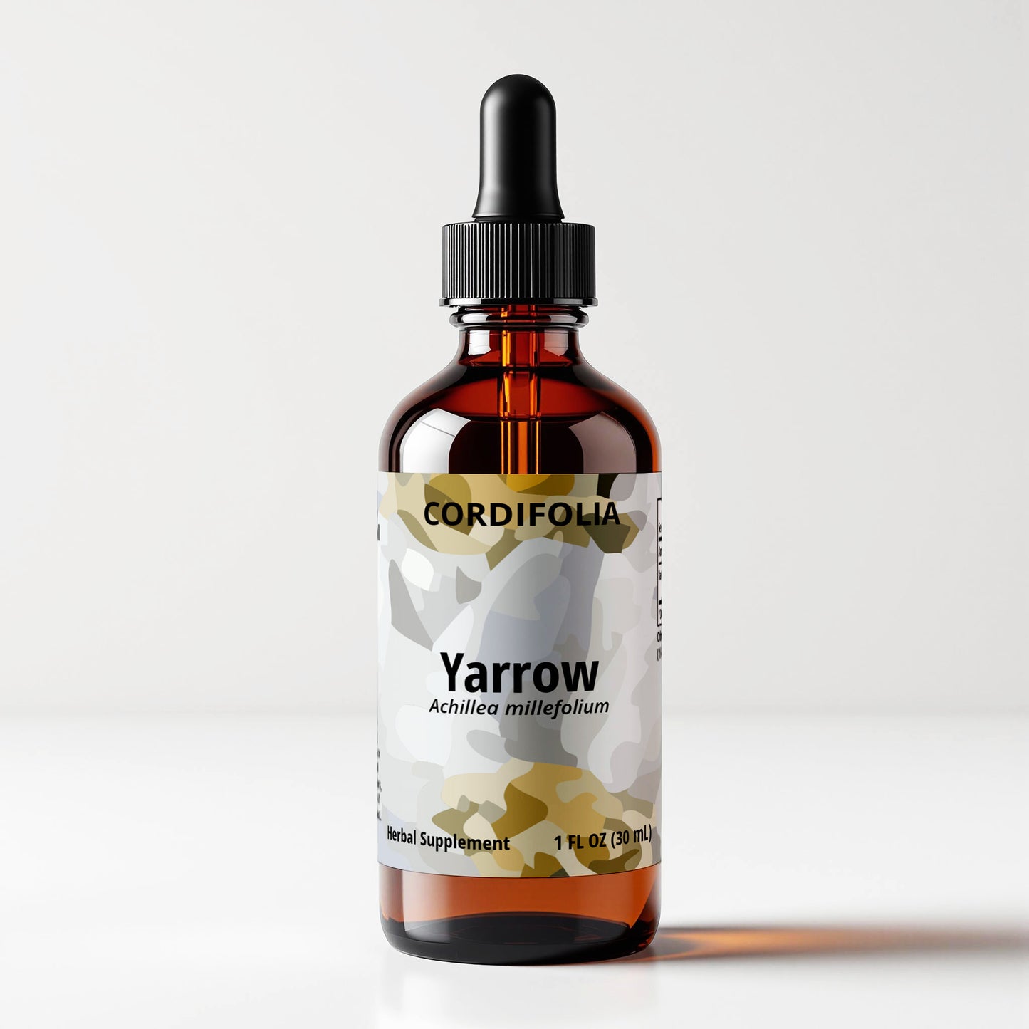 Yarrow tincture bottle 1 FL OZ, Achillea millefolium, front panel label view. Cordifolia brand.