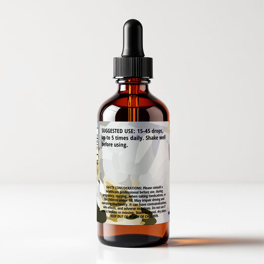 Yarrow tincture bottle 1 FL OZ, Achillea millefolium, back panel label view, suggested use and safety contestations. Cordifolia brand.